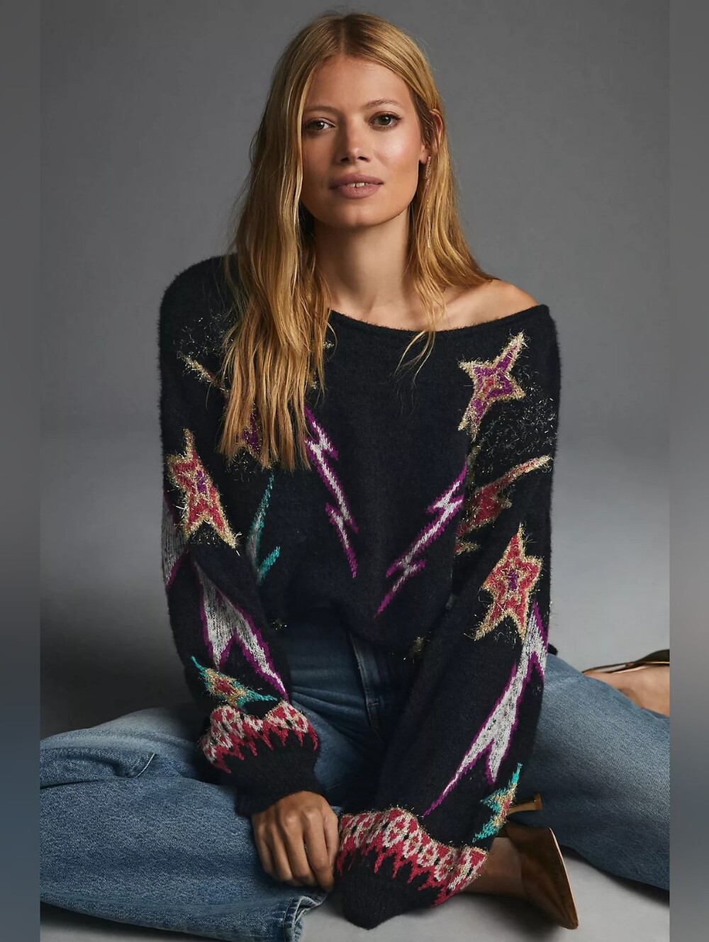Pilcro Sparkle-Star Pullover Sweater Black Metallic Lightning & Stars Cozy Knit